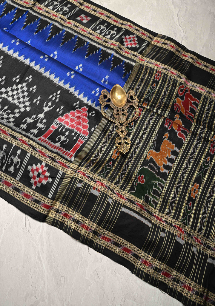 Sambalpuri Ikkat Silk Saree with Dolabedi Border in Blue and Black, No Blouse Piece | SILK MARK CERTIFIED