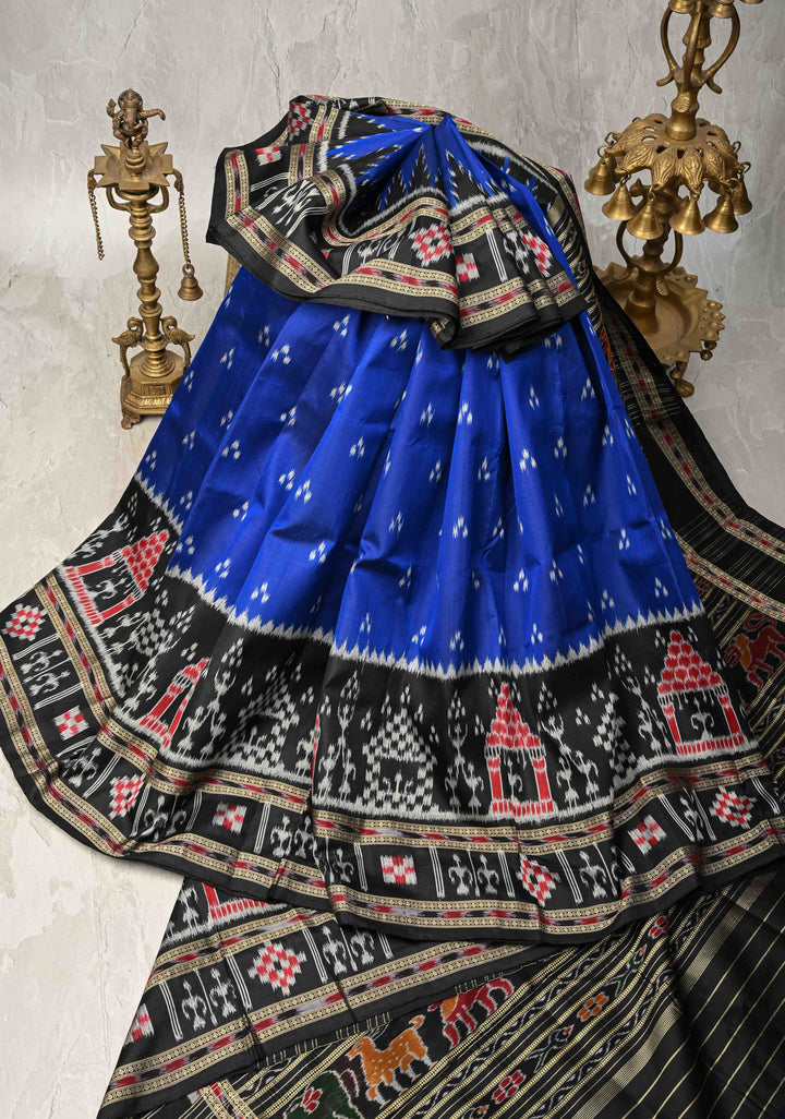 Sambalpuri Ikkat Silk Saree with Dolabedi Border in Blue and Black, No Blouse Piece | SILK MARK CERTIFIED