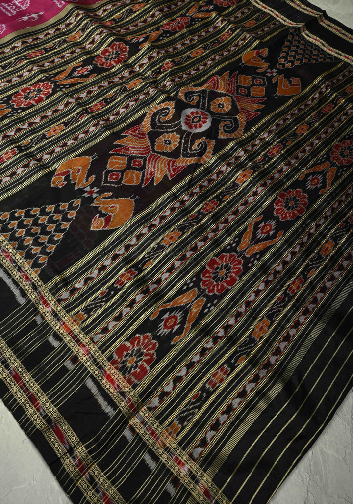 Magenta Sambalpuri Ikkat Silk Saree with Dolabedi Border and Pallu, No Blouse Piece  | SILK MARK CERTIFIED