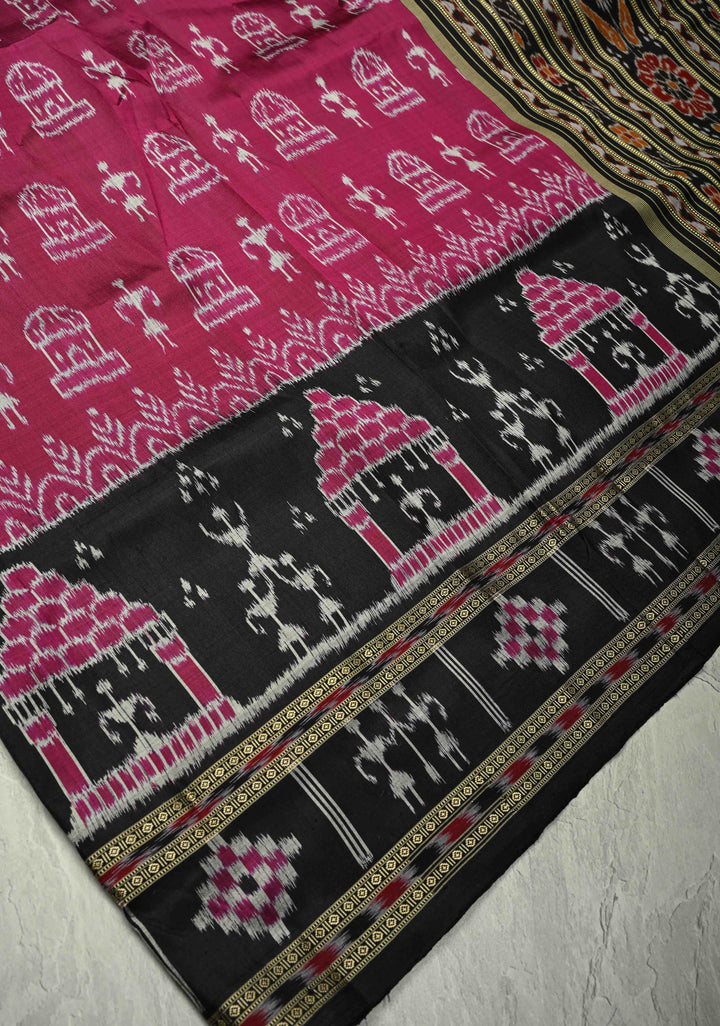Magenta Sambalpuri Ikkat Silk Saree with Dolabedi Border and Pallu, No Blouse Piece  | SILK MARK CERTIFIED