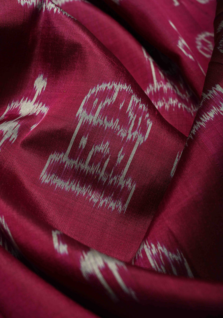 Magenta Sambalpuri Ikkat Silk Saree with Dolabedi Border and Pallu, No Blouse Piece  | SILK MARK CERTIFIED