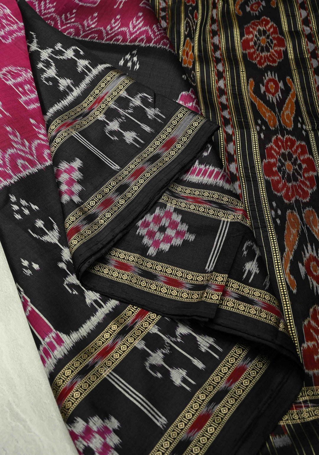 Magenta Sambalpuri Ikkat Silk Saree with Dolabedi Border and Pallu, No Blouse Piece  | SILK MARK CERTIFIED