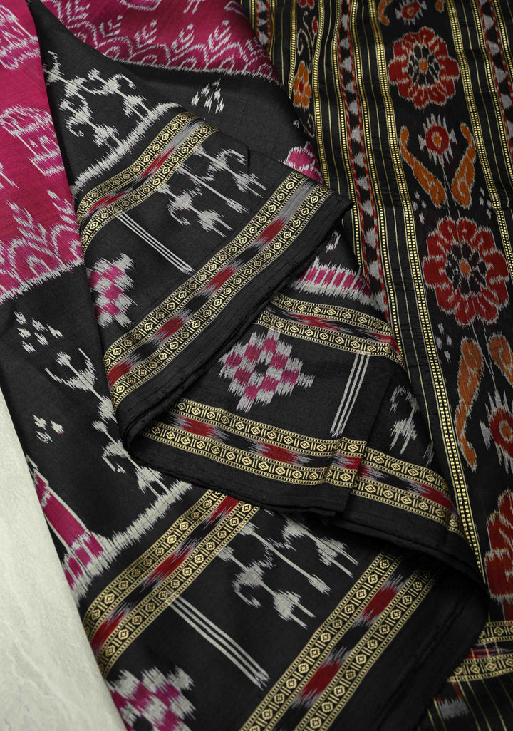 Magenta Sambalpuri Ikkat Silk Saree with Dolabedi Border and Pallu, No Blouse Piece  | SILK MARK CERTIFIED