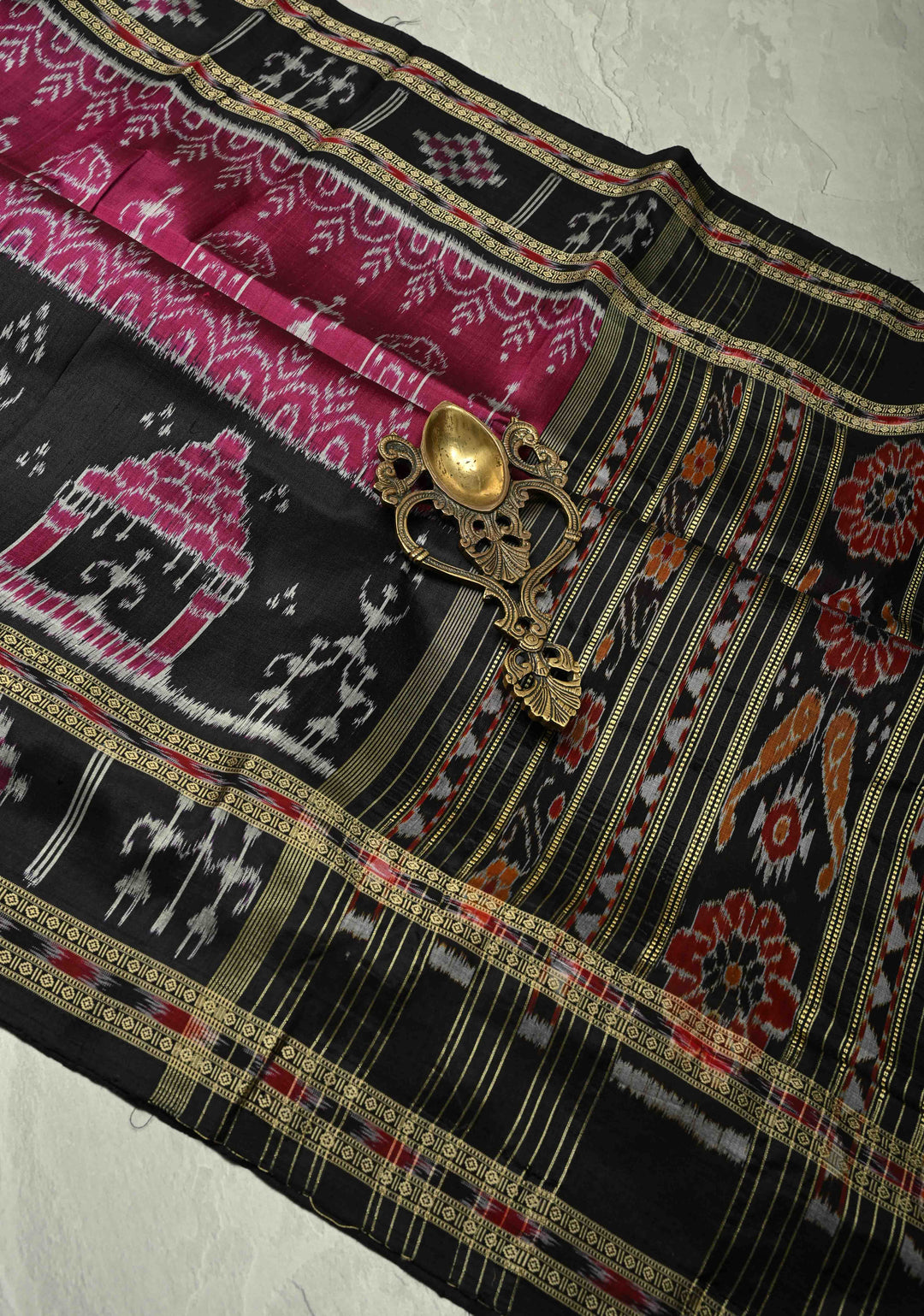 Magenta Sambalpuri Ikkat Silk Saree with Dolabedi Border and Pallu, No Blouse Piece  | SILK MARK CERTIFIED