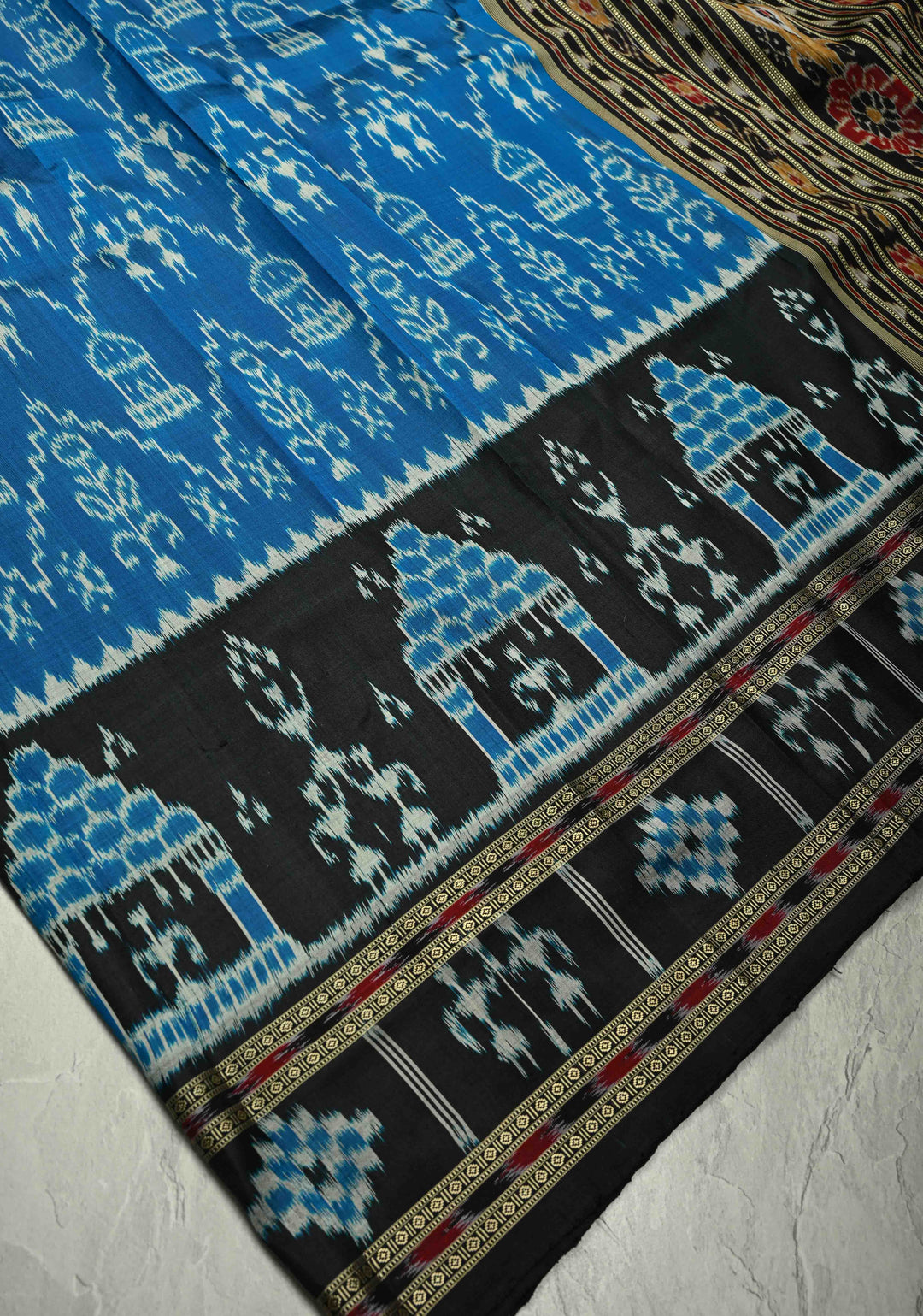 Peacock Blue Sambalpuri Ikkat Silk Saree with Dolabedi Border and Pallu, No Blouse Piece  | SILK MARK CERTIFIED