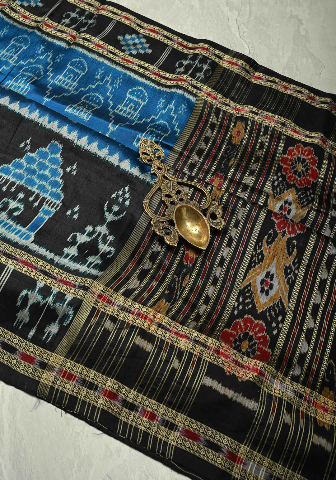 Peacock Blue Sambalpuri Ikkat Silk Saree with Dolabedi Border and Pallu, No Blouse Piece  | SILK MARK CERTIFIED