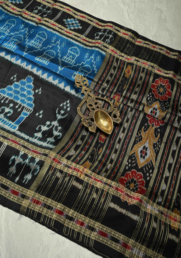 Peacock Blue Sambalpuri Ikkat Silk Saree with Dolabedi Border and Pallu, No Blouse Piece  | SILK MARK CERTIFIED