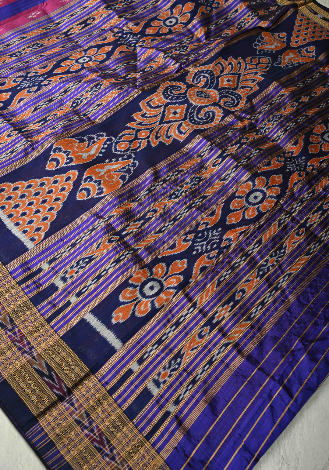 Ink Purple-Magenta Handloom Sambalpuri Ikkat Silk Saree with Stripes Design and Border, No Blouse Piece | SILK MARK CERTIFIED