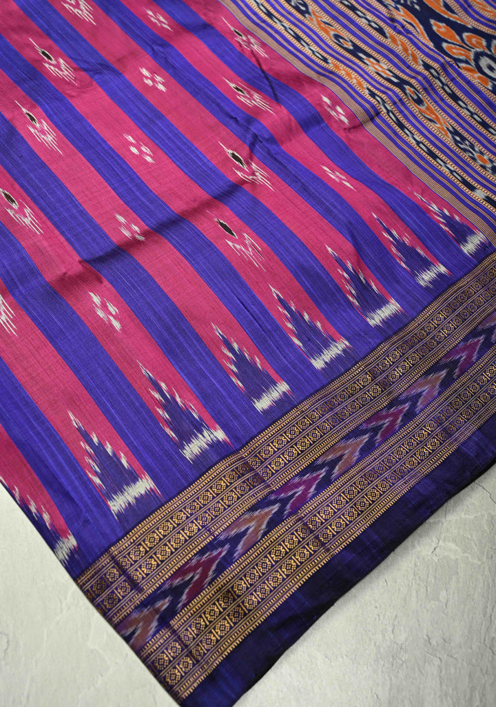Ink Purple-Magenta Handloom Sambalpuri Ikkat Silk Saree with Stripes Design and Border, No Blouse Piece | SILK MARK CERTIFIED
