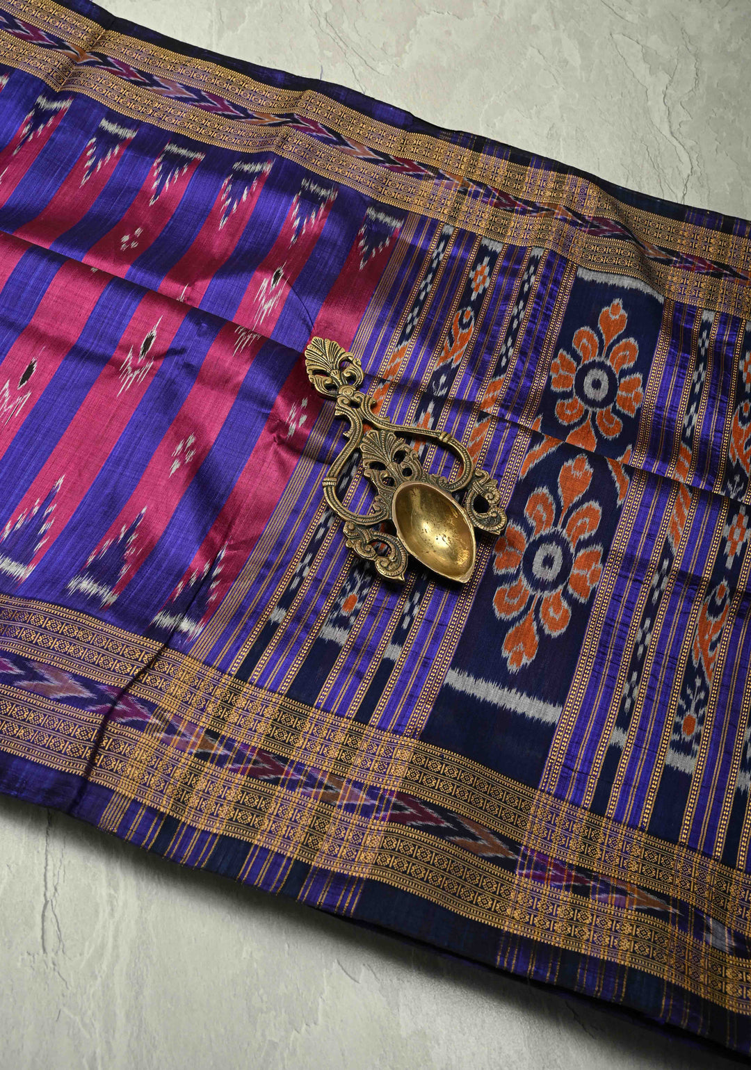 Ink Purple-Magenta Handloom Sambalpuri Ikkat Silk Saree with Stripes Design and Border, No Blouse Piece | SILK MARK CERTIFIED