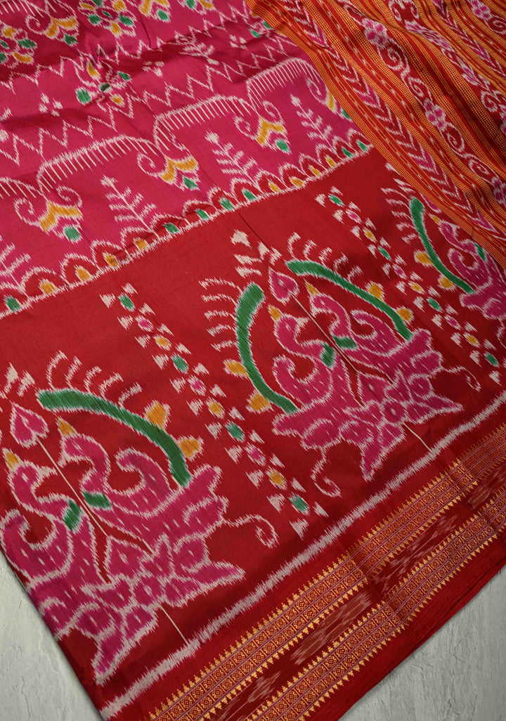 Pink-Red Handloom Sambalpuri Ikkat Silk Saree with Ikkat Weave and Zari Border, No Blouse Piece | SILK MARK CERTIFIED