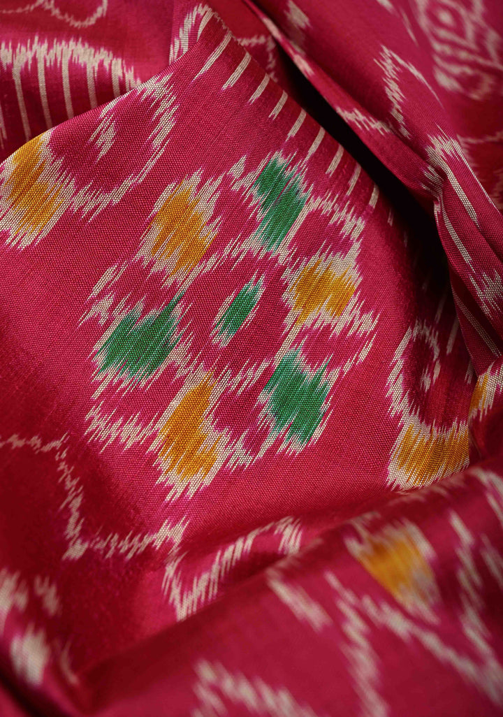 Pink-Red Handloom Sambalpuri Ikkat Silk Saree with Ikkat Weave and Zari Border, No Blouse Piece | SILK MARK CERTIFIED