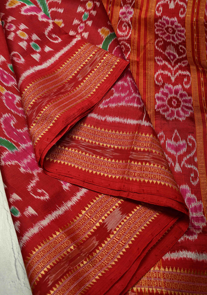 Pink-Red Handloom Sambalpuri Ikkat Silk Saree with Ikkat Weave and Zari Border, No Blouse Piece | SILK MARK CERTIFIED
