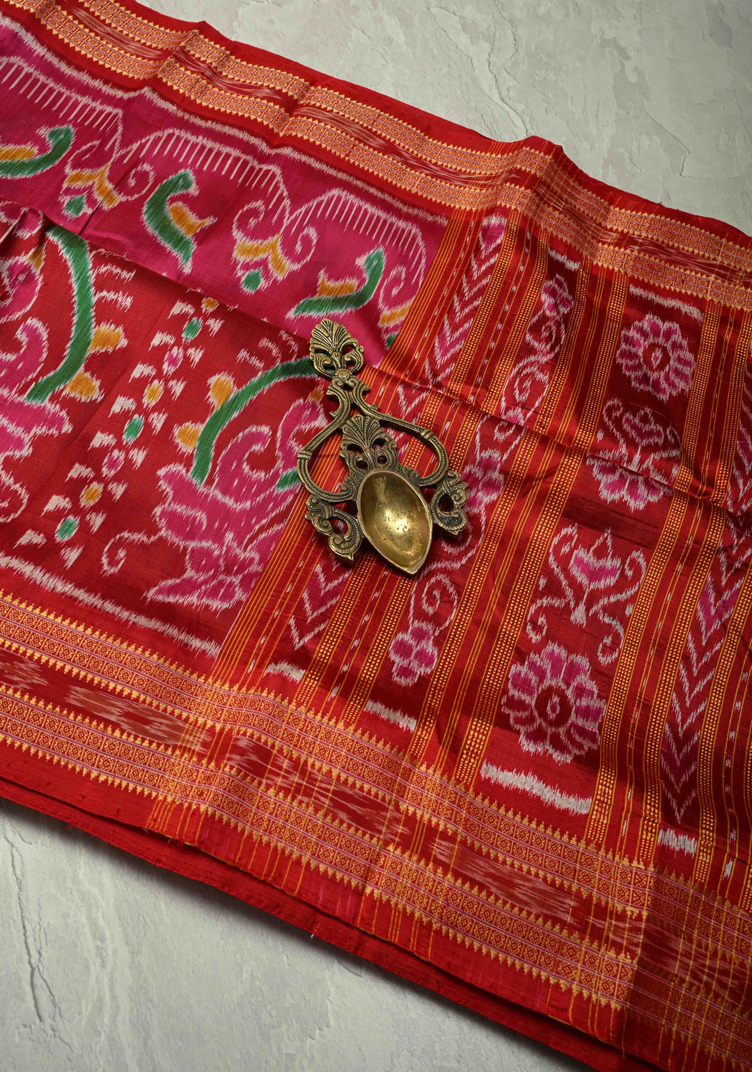 Pink-Red Handloom Sambalpuri Ikkat Silk Saree with Ikkat Weave and Zari Border, No Blouse Piece | SILK MARK CERTIFIED