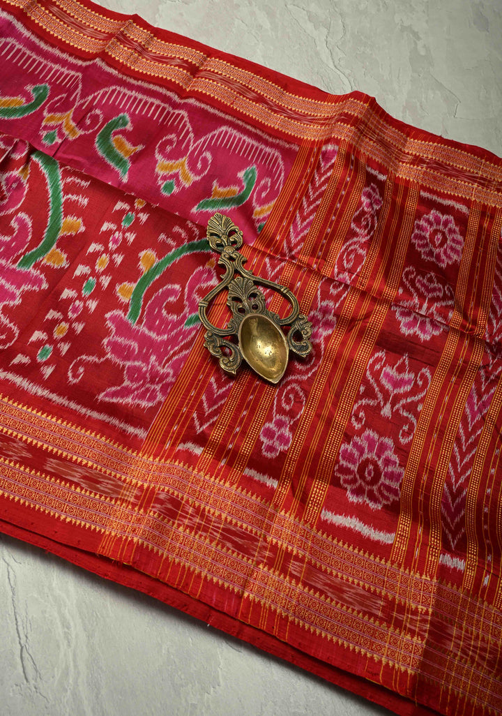 Pink-Red Handloom Sambalpuri Ikkat Silk Saree with Ikkat Weave and Zari Border, No Blouse Piece | SILK MARK CERTIFIED