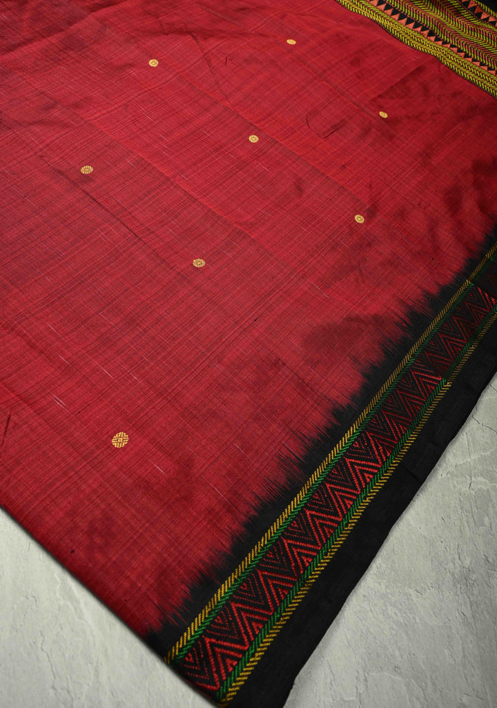 Maroon Handloom Sambalpuri Ikkat Silk Saree with Thread Buttas and Contrast Border, No Blouse Piece | SILK MARK CERTIFIED