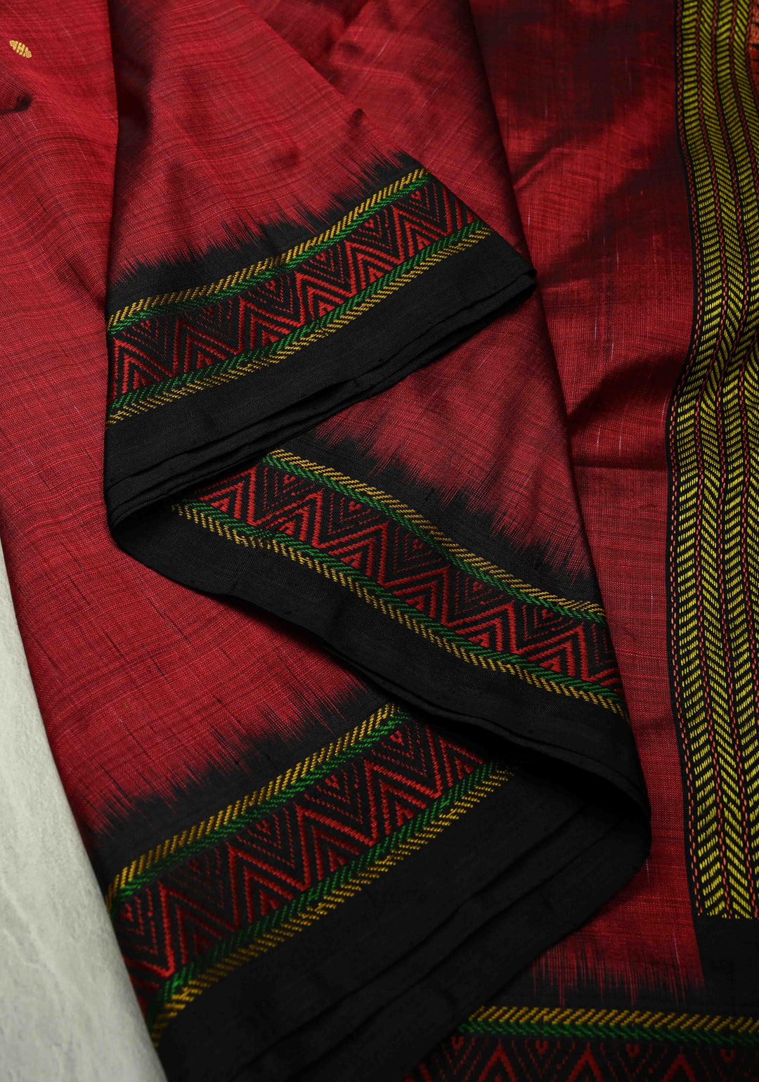 Maroon Handloom Sambalpuri Ikkat Silk Saree with Thread Buttas and Contrast Border, No Blouse Piece | SILK MARK CERTIFIED