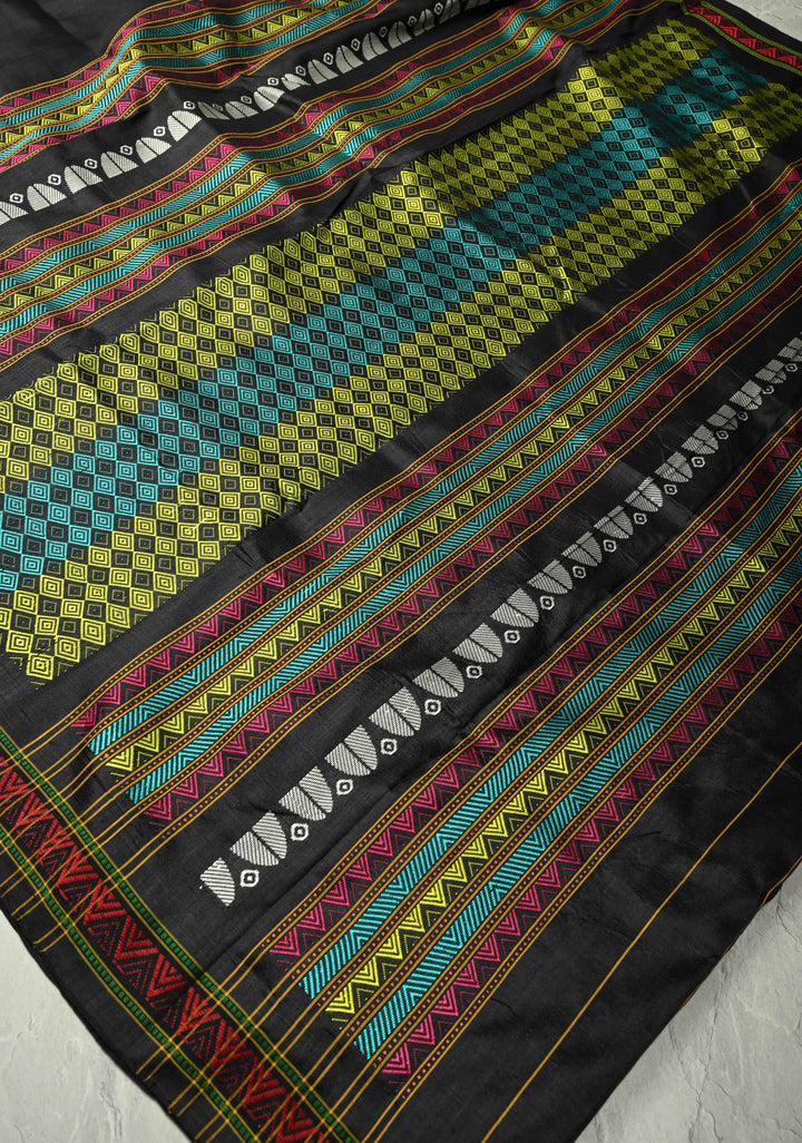 Black Handloom Sambalpuri Ikkat Silk Saree with Meenakari Resham Chunri Buttis and Border-Pallu, No Blouse Piece | SILK MARK CERTIFIED
