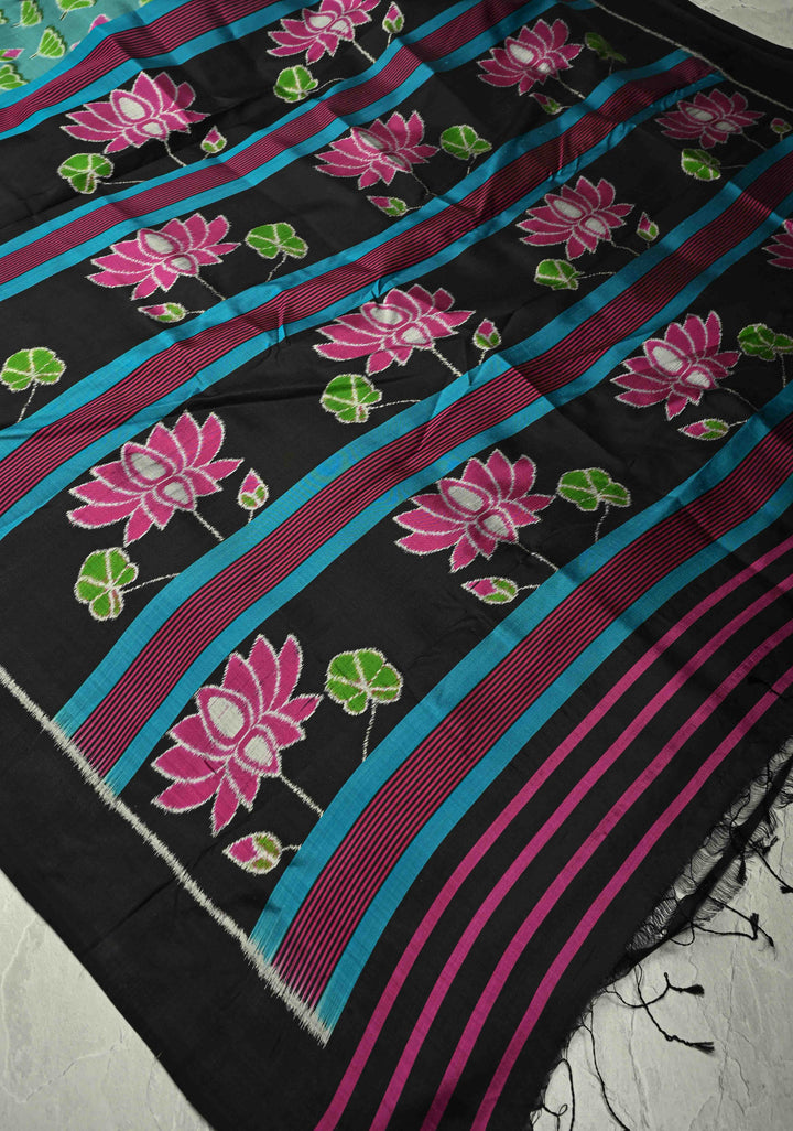 Dusty Teal Handloom Sambalpuri Ikkat Silk Saree with Floral Motifs and Contrast Border | SILK MARK CERTIFIED