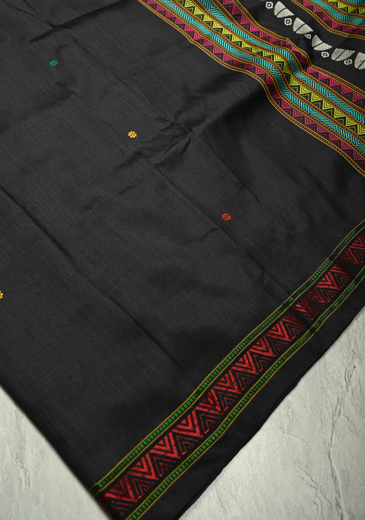 Black Handloom Sambalpuri Ikkat Silk Saree with Meenakari Resham Chunri Buttis and Border-Pallu, No Blouse Piece | SILK MARK CERTIFIED