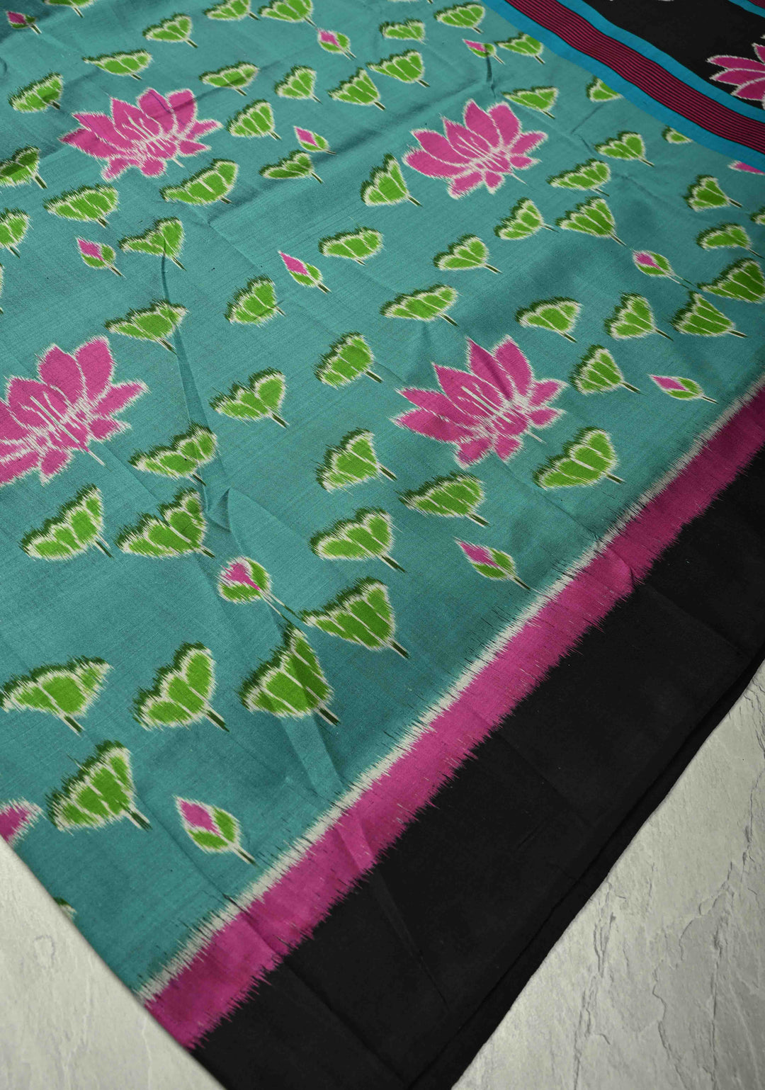 Dusty Teal Handloom Sambalpuri Ikkat Silk Saree with Floral Motifs and Contrast Border | SILK MARK CERTIFIED