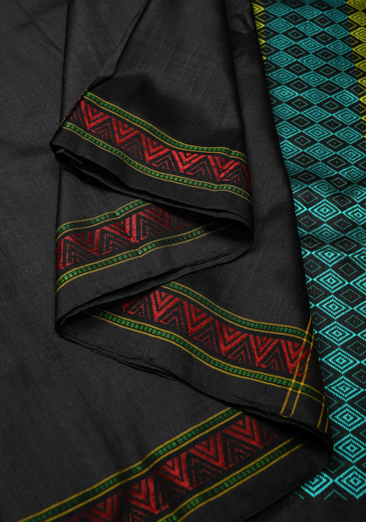 Black Handloom Sambalpuri Ikkat Silk Saree with Meenakari Resham Chunri Buttis and Border-Pallu, No Blouse Piece | SILK MARK CERTIFIED