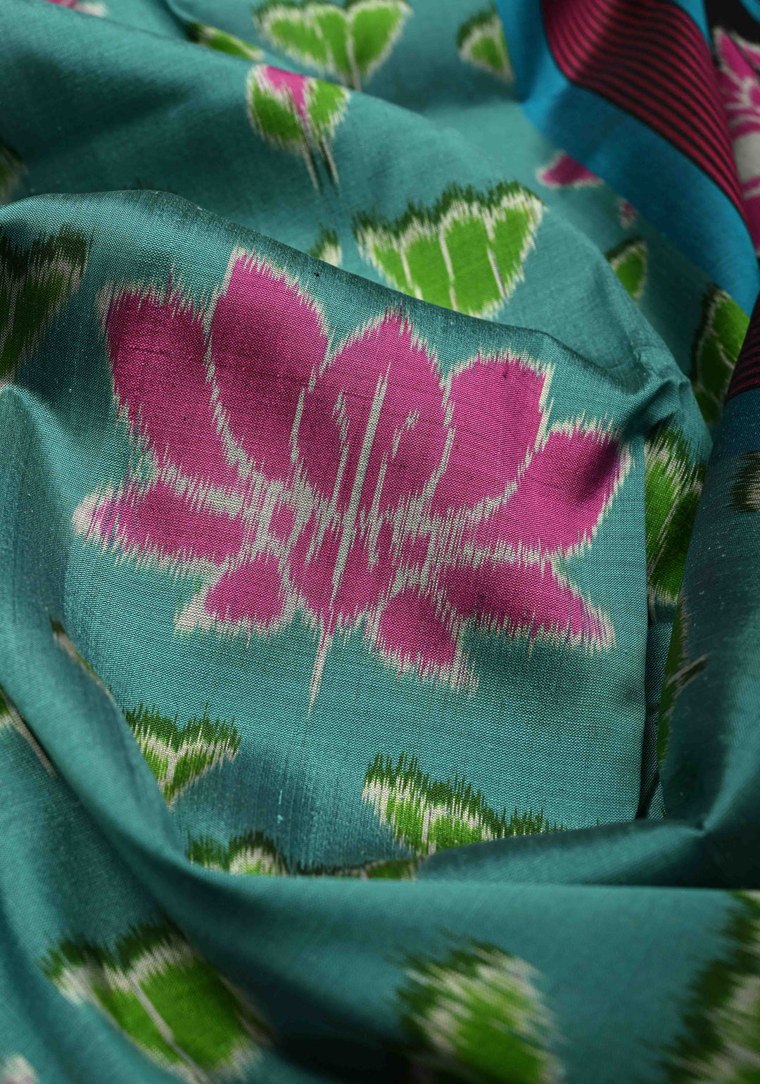 Dusty Teal Handloom Sambalpuri Ikkat Silk Saree with Floral Motifs and Contrast Border | SILK MARK CERTIFIED