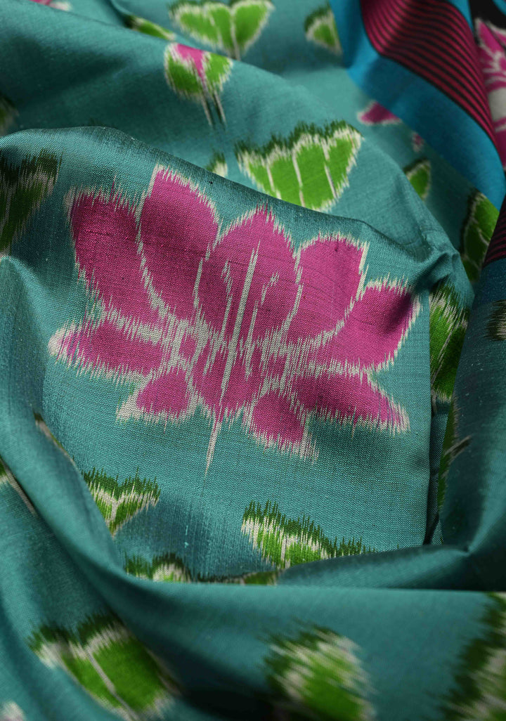 Dusty Teal Handloom Sambalpuri Ikkat Silk Saree with Floral Motifs and Contrast Border | SILK MARK CERTIFIED