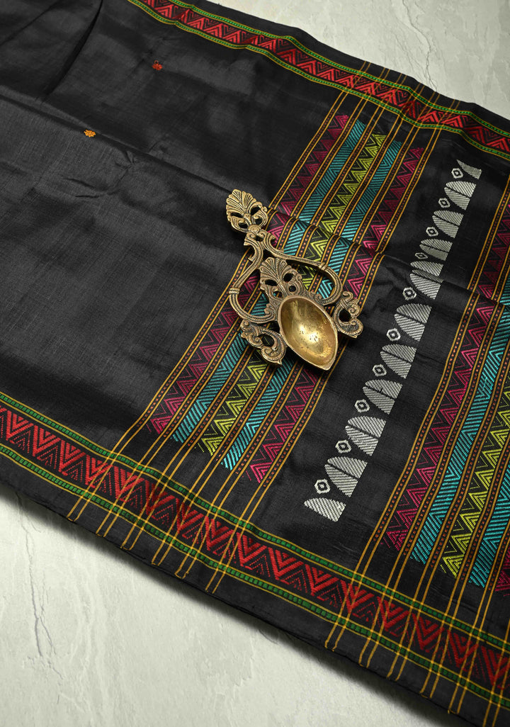 Black Handloom Sambalpuri Ikkat Silk Saree with Meenakari Resham Chunri Buttis and Border-Pallu, No Blouse Piece | SILK MARK CERTIFIED