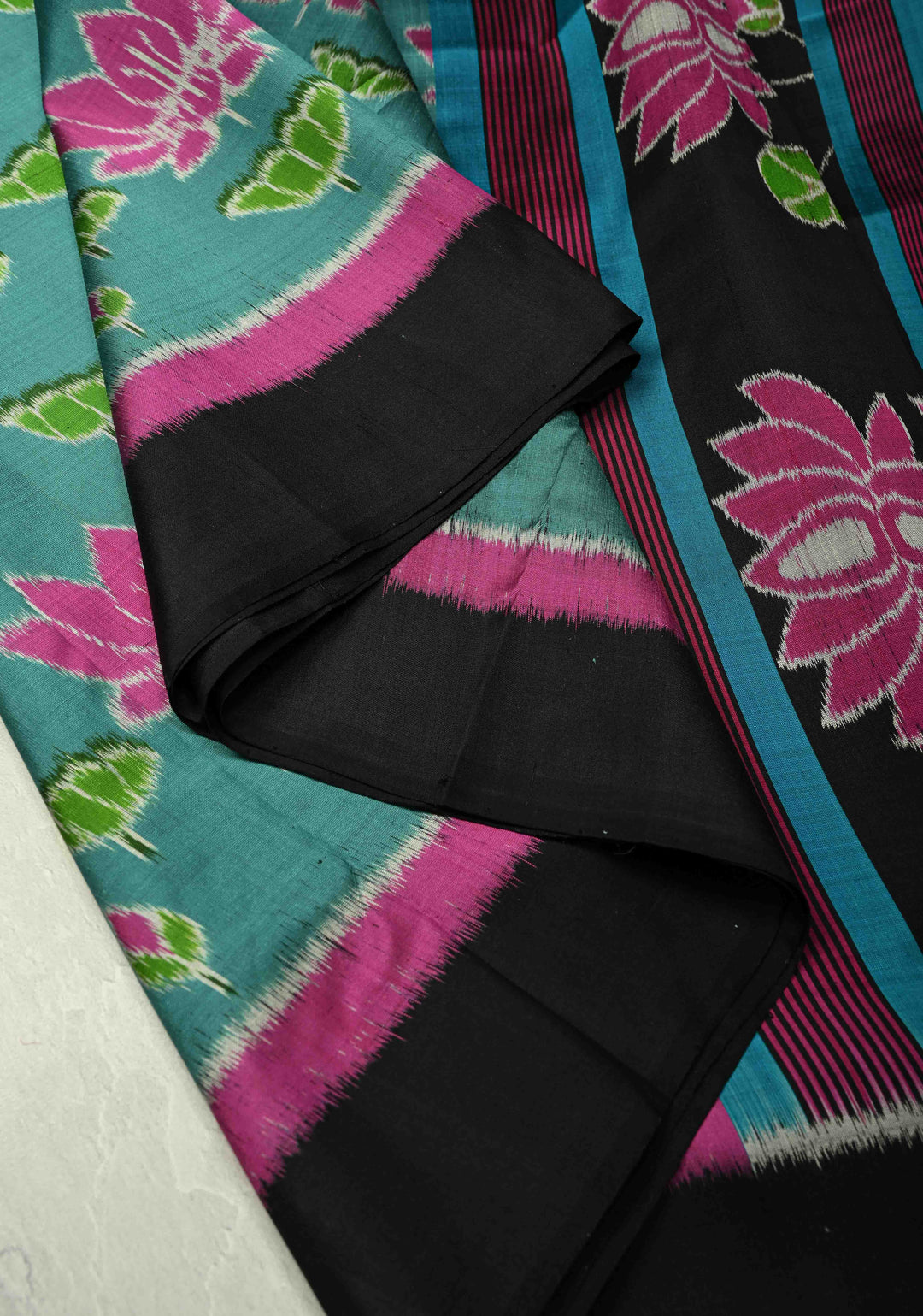 Dusty Teal Handloom Sambalpuri Ikkat Silk Saree with Floral Motifs and Contrast Border | SILK MARK CERTIFIED