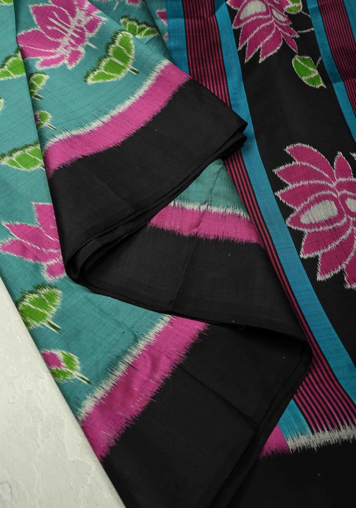 Dusty Teal Handloom Sambalpuri Ikkat Silk Saree with Floral Motifs and Contrast Border | SILK MARK CERTIFIED