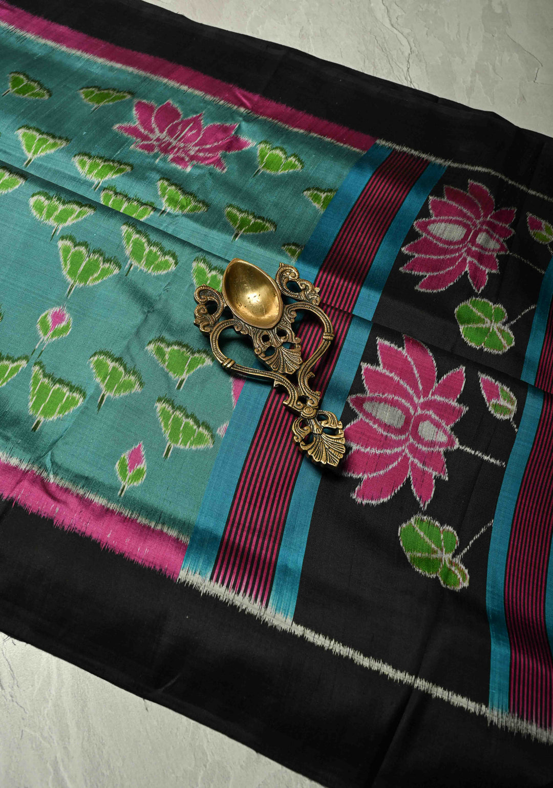 Dusty Teal Handloom Sambalpuri Ikkat Silk Saree with Floral Motifs and Contrast Border | SILK MARK CERTIFIED