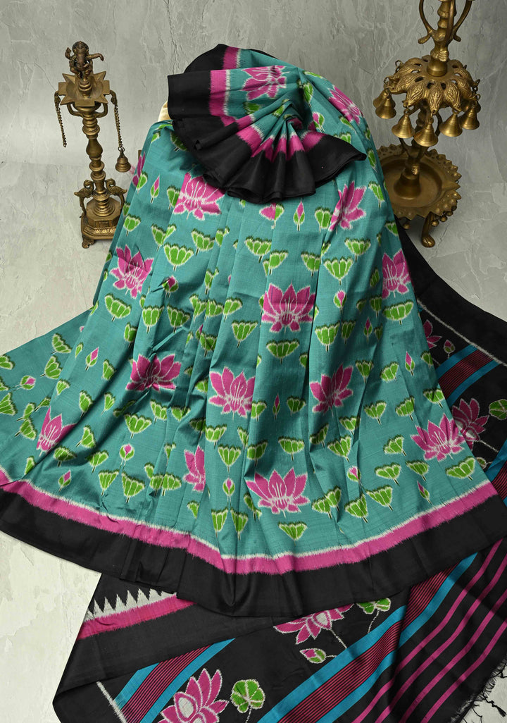 Dusty Teal Handloom Sambalpuri Ikkat Silk Saree with Floral Motifs and Contrast Border | SILK MARK CERTIFIED