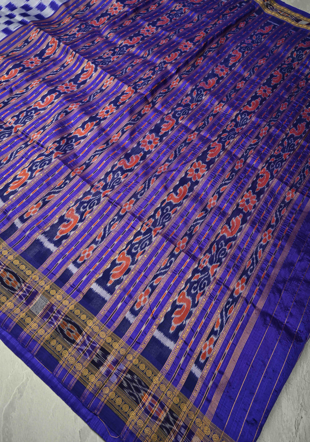Ink Purple-Gray Handloom Sambalpuri Ikkat Silk Saree with Checks Pattern and Border, No Blouse Peice | SILK MARK CERTIFIED
