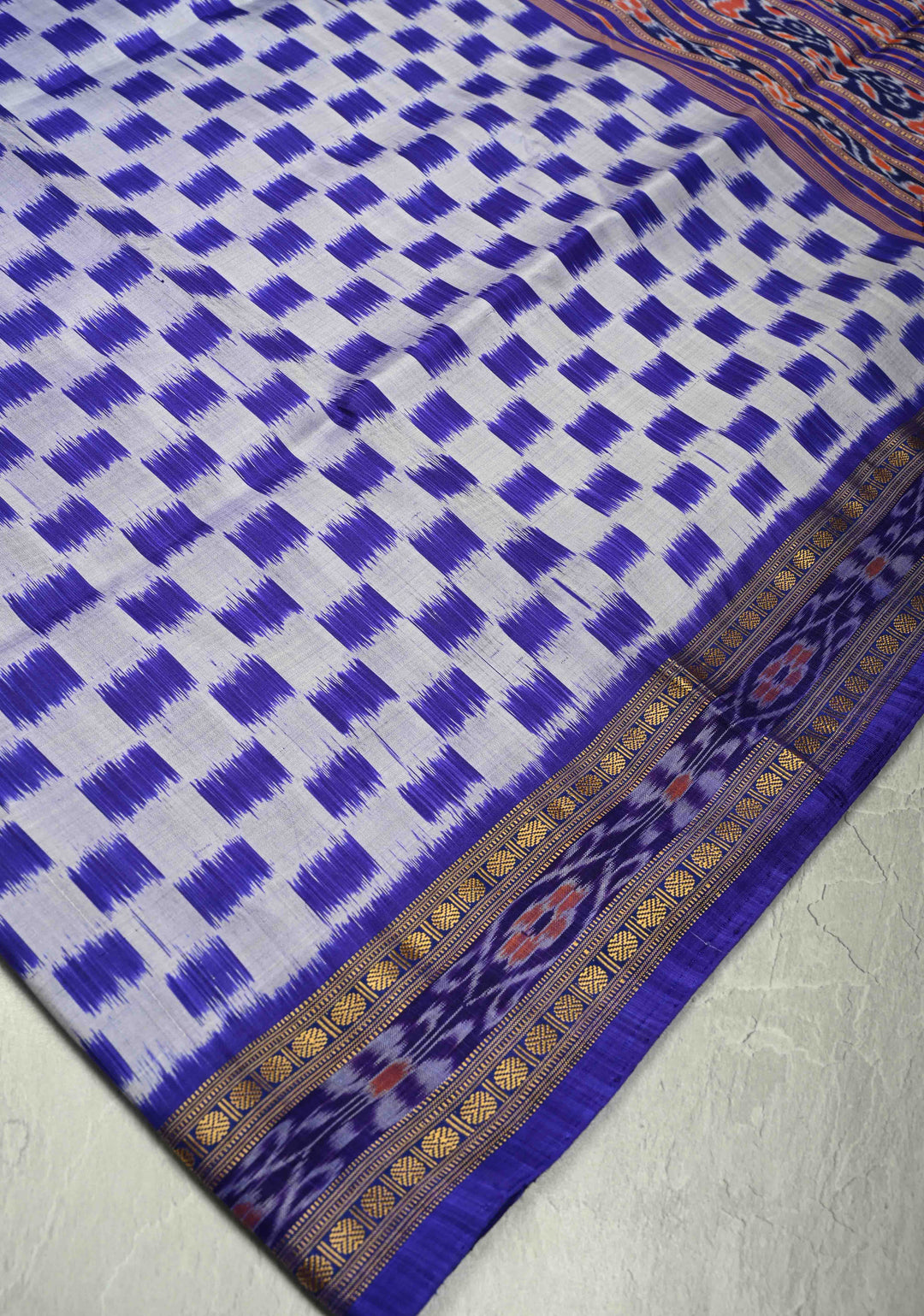 Ink Purple-Gray Handloom Sambalpuri Ikkat Silk Saree with Checks Pattern and Border, No Blouse Peice | SILK MARK CERTIFIED