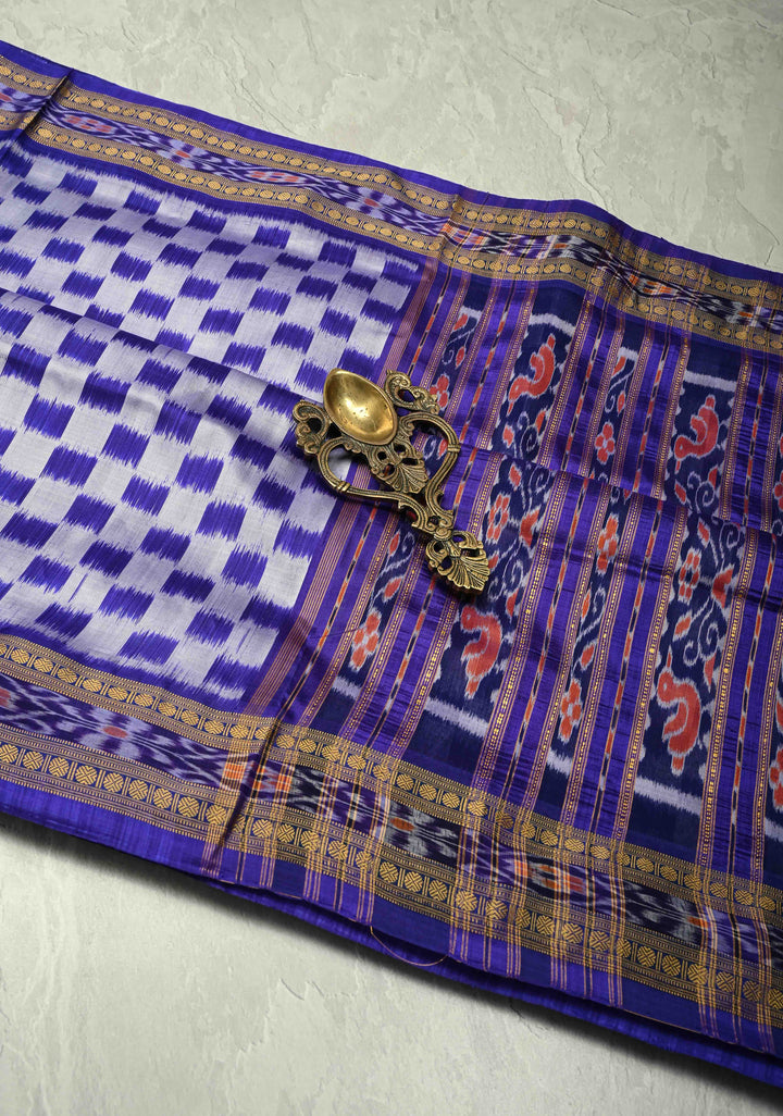 Ink Purple-Gray Handloom Sambalpuri Ikkat Silk Saree with Checks Pattern and Border, No Blouse Peice | SILK MARK CERTIFIED