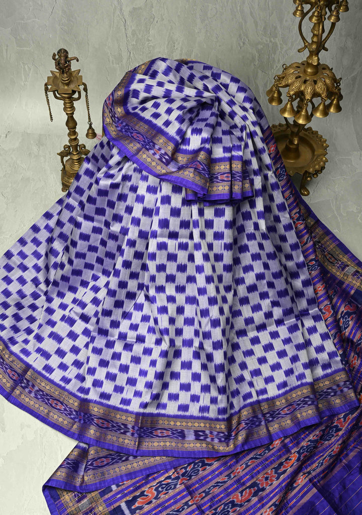Ink Purple-Gray Handloom Sambalpuri Ikkat Silk Saree with Checks Pattern and Border, No Blouse Peice | SILK MARK CERTIFIED