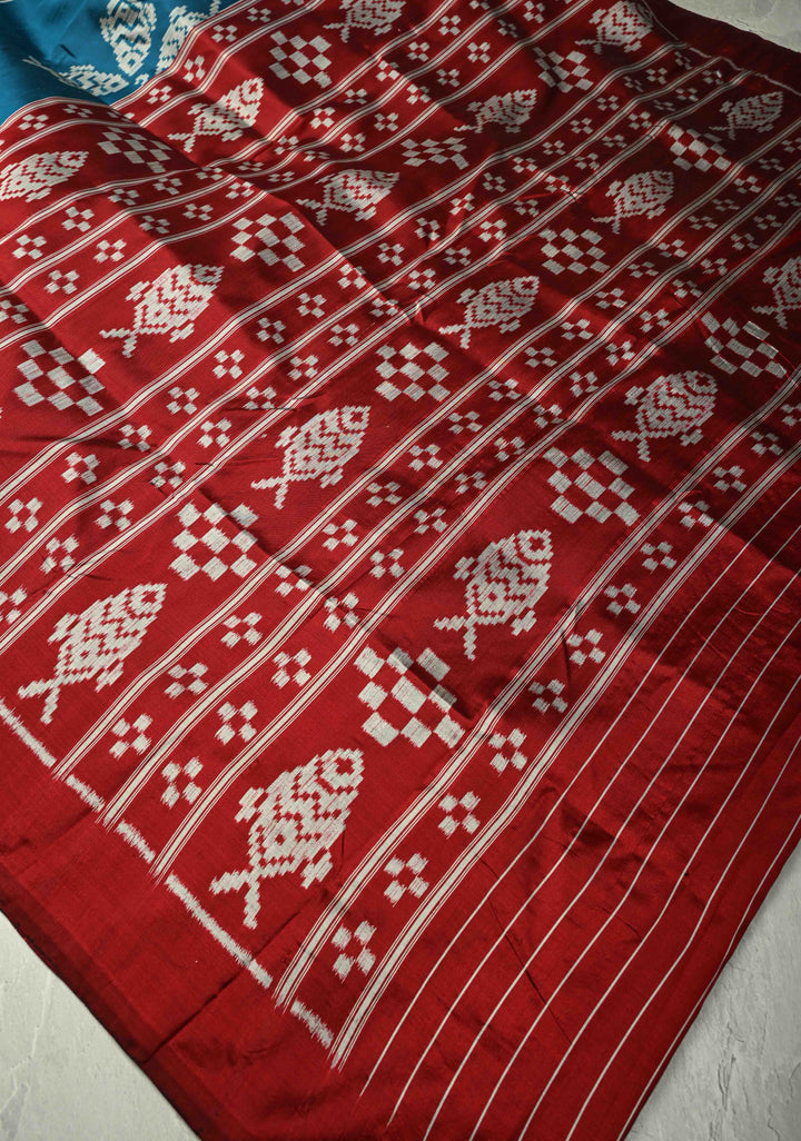 Aegean  Blue Handloom Sambalpuri Ikkat Silk Saree with Fish Motif and Contrast Border | SILK MARK CERTIFIED