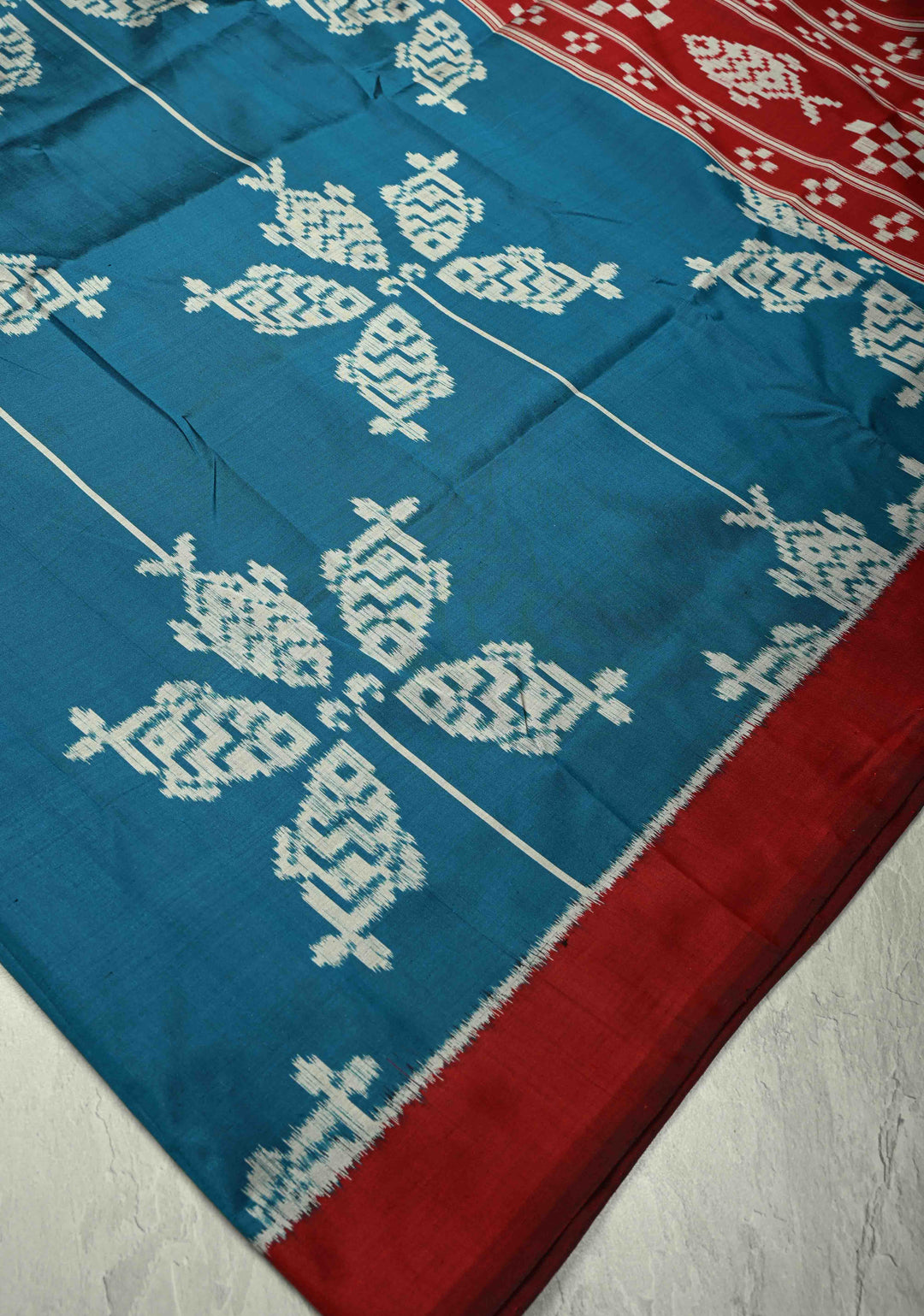 Aegean  Blue Handloom Sambalpuri Ikkat Silk Saree with Fish Motif and Contrast Border | SILK MARK CERTIFIED