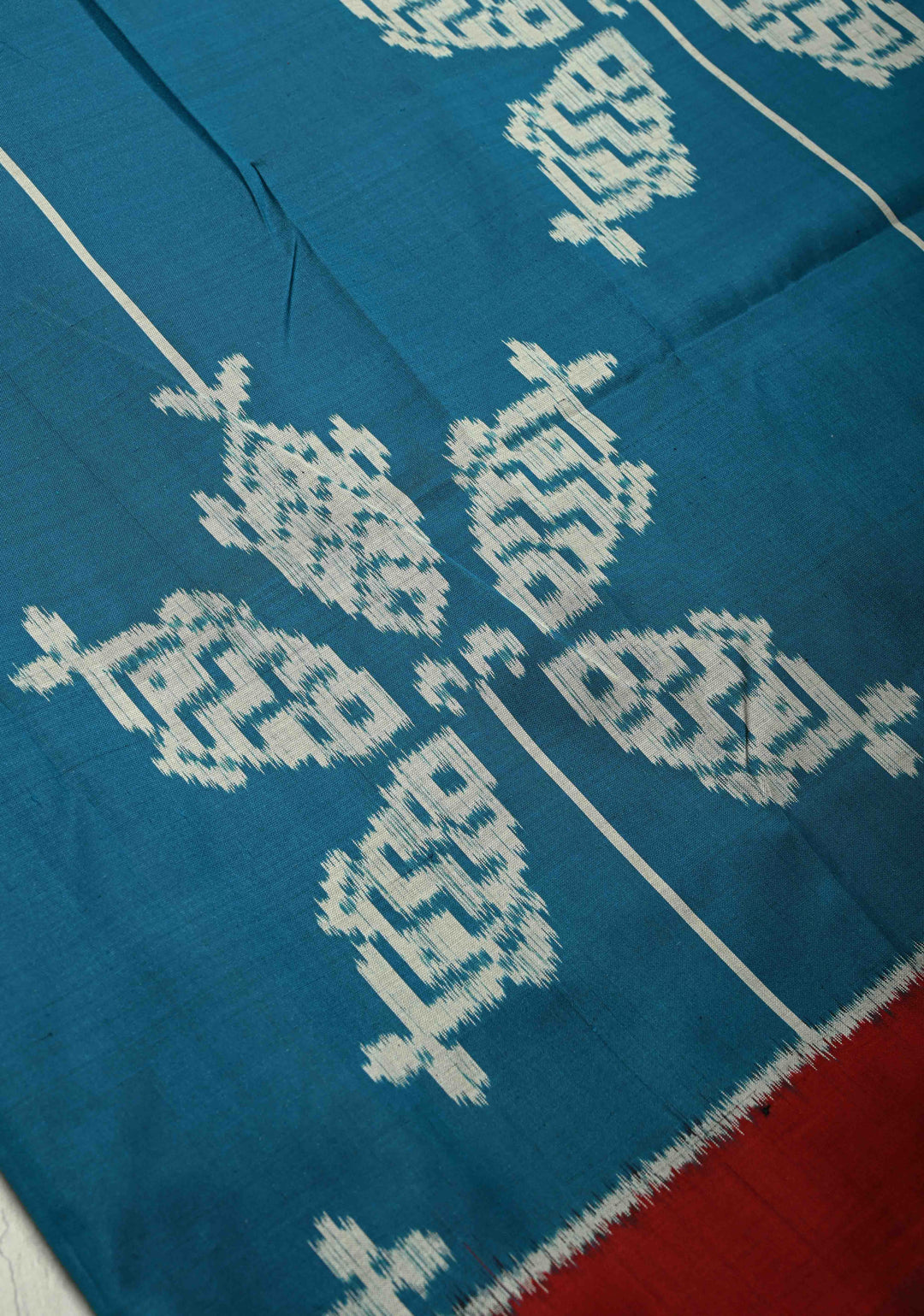 Aegean  Blue Handloom Sambalpuri Ikkat Silk Saree with Fish Motif and Contrast Border | SILK MARK CERTIFIED