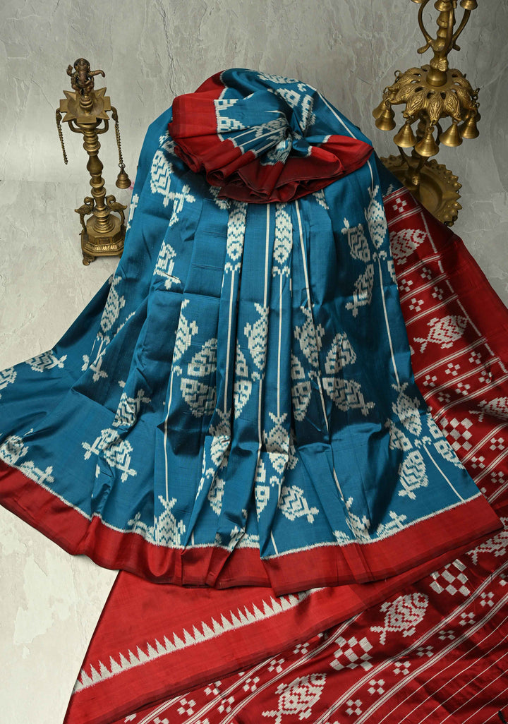 Aegean  Blue Handloom Sambalpuri Ikkat Silk Saree with Fish Motif and Contrast Border | SILK MARK CERTIFIED