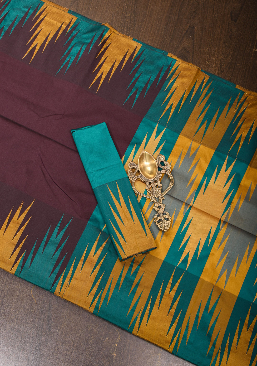 Brown Art Silk Saree with Two Color Temple Border