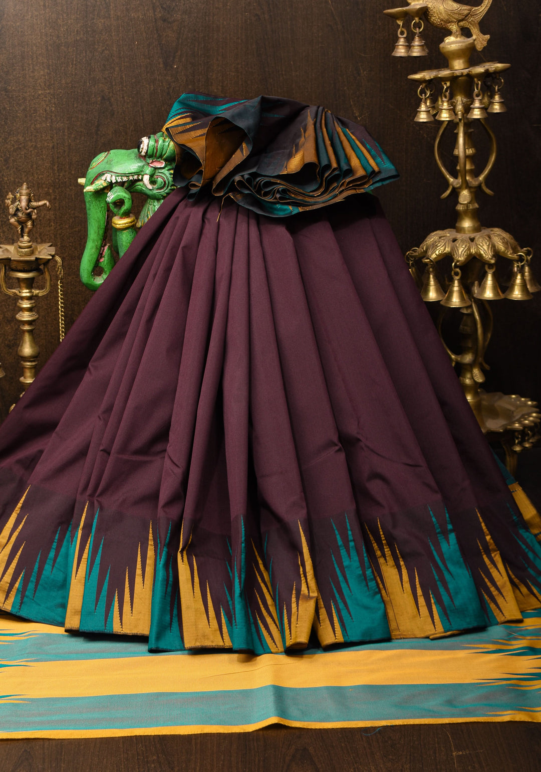 Brown Art Silk Saree with Two Color Temple Border