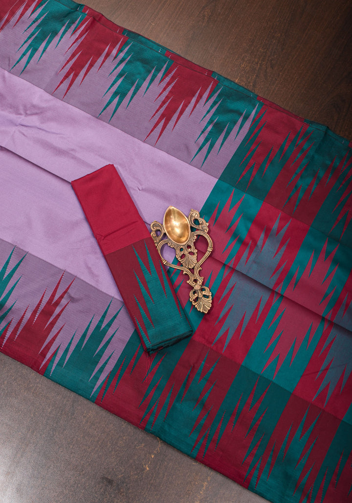 Dull Purple Tone and Two Color Temple Border on Art Silk Saree