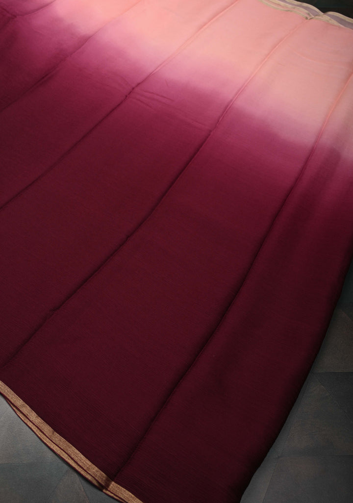 Bollywood style ombre pure chiffon Saree in Vivid Burgundy And Peach, No Blouse Piece
