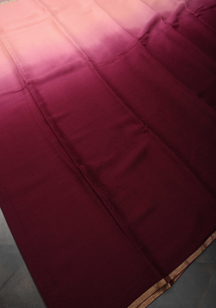 Bollywood style ombre pure chiffon Saree in Vivid Burgundy And Peach, No Blouse Piece