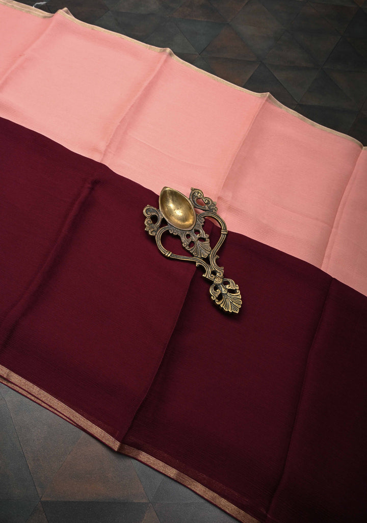 Bollywood style ombre pure chiffon Saree in Vivid Burgundy And Peach, No Blouse Piece