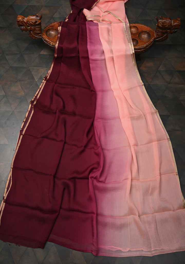 Bollywood style ombre pure chiffon Saree in Vivid Burgundy And Peach, No Blouse Piece