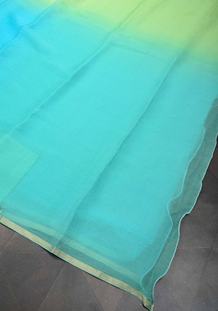 Bollywood style ombre pure chiffon Saree in shades of green and Blue , No Blouse Piece