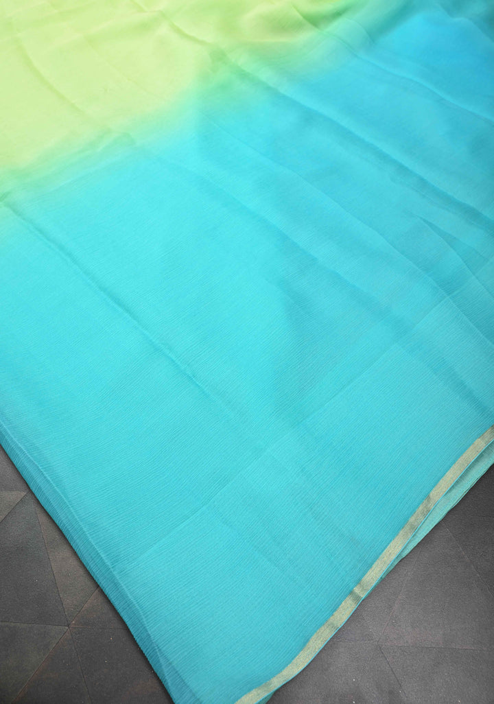 Bollywood style ombre pure chiffon Saree in shades of green and Blue , No Blouse Piece